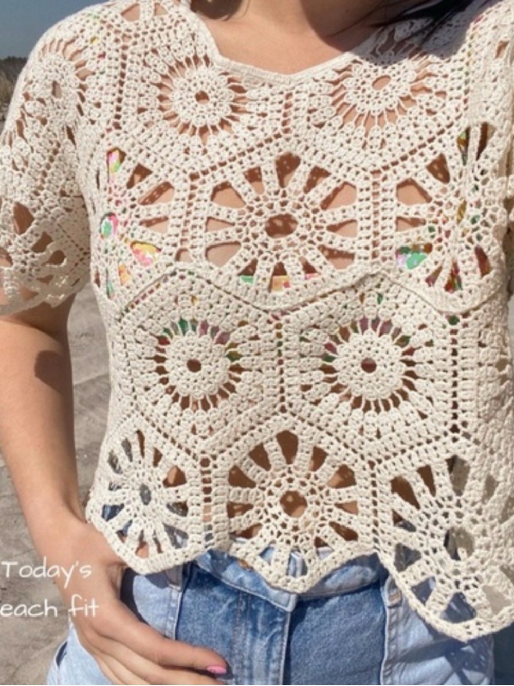 Rebellion Cream Crochet Women's Top Crochet Floral Lace Short Sleeve Size Small